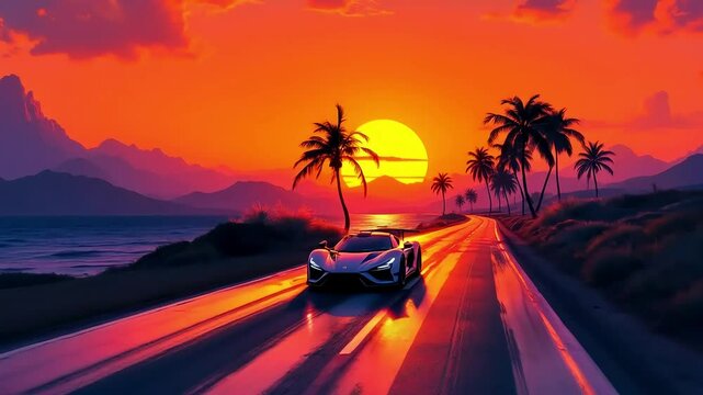 White Sports Car Driving on Coastal Road at Sunset