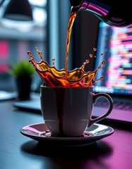 Dark Espresso Coffee Splash on White Cup, Modern Office Desk, Dynamic 8K Photorealistic Image, Productivity, Focus, Vaporwave Aesthetic, Copy Space