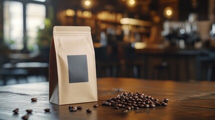 Of a Coffee bag packaging mockup on a rustic wooden table, with scattered coffee beans and a warm caf&Atilde;? setting