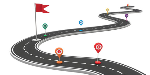 png Road to Success: A winding road dotted with colorful location markers and a flag, symbolizing a journey of progress and achievement, set against a transparent background. 