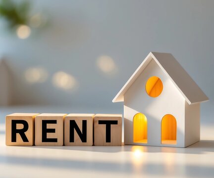 
A wooden block with the word rent written on it is placed on a table next to a white house
