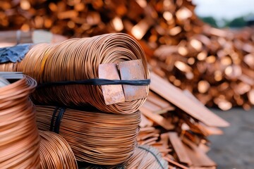 Eco-Friendly Metal Resource High-Resolution Image of Organized piles of copper wires, aluminum sheets, and steel rods ready for recycling, ideal for showcasing sustainable practices and waste