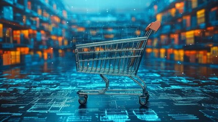 Shopping cart in futuristic digital supermarket setting, representing retail and technology