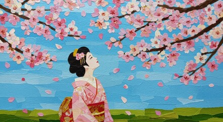 桜と着物の女性の和紙のちぎり絵