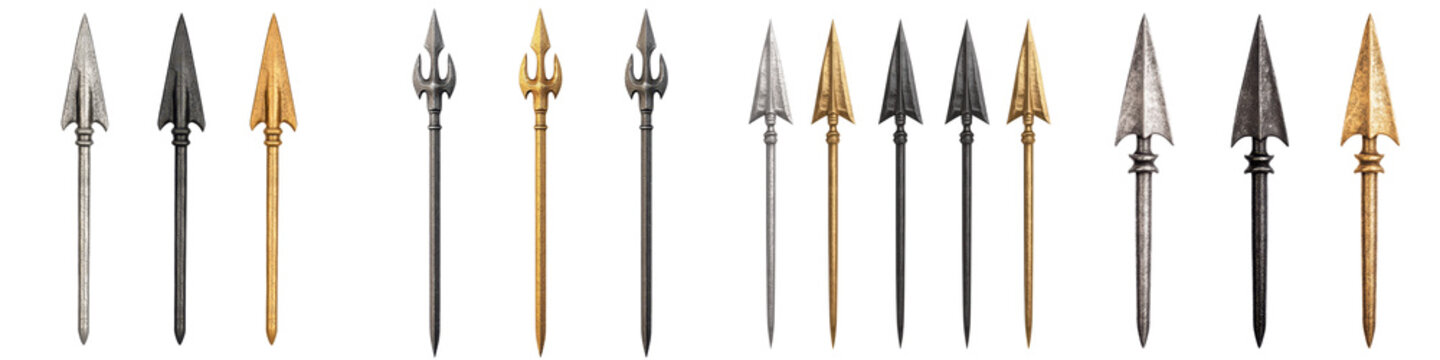 An array of diverse spears arrow heads and other sharp metal weapons and tools with historical and decorative design elements