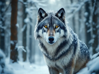 Obraz premium A majestic wolf in snow-covered forest, showcasing its powerful presence and sharp features.