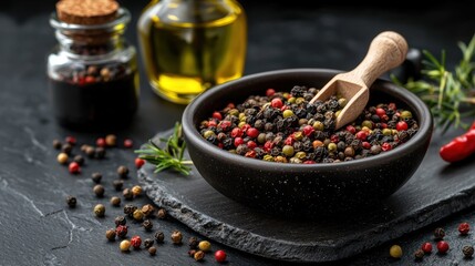Black bowl filled with colorful peppercorns on a black slate board. the bowl is placed on a dark background with a few sprigs of rosemary scattered around it.