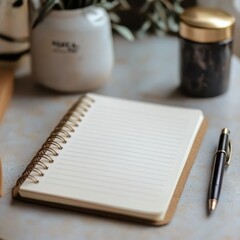 Cozy Workspace with Notepad, Pen, and Decorative Elements