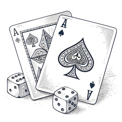 png Ace Cards and Dice: A detailed black and white illustration of ace playing cards and dice, creating a sense of suspense and high stakes.
