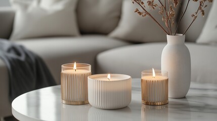 Modern living room with a white marble coffee table in the center. on the table, there are three white candles with gold stripes on them. the candles are lit, creating a warm glow.