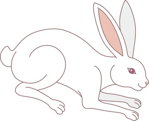 Crouching white bunny illustration. Easter rabbit with cartoon character.