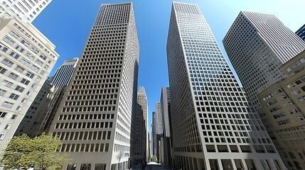 Fototapeta premium Tall skyscrapers view from street upward on sunny day with blue sky