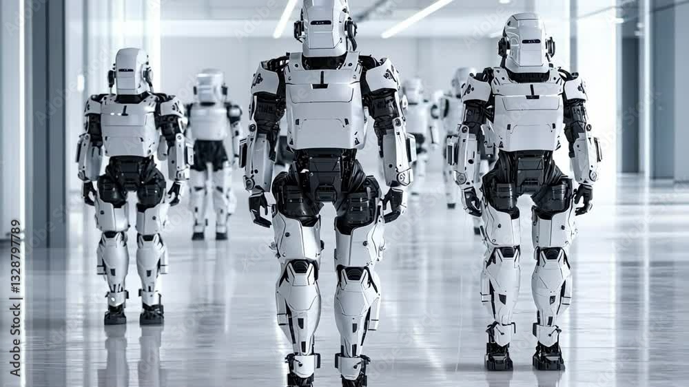 Poster futuristic robots in a modern workplace setting showcasing advanced technology and innovation in rob