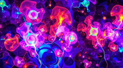 Abstract Fluorescent Cell Structures Glowing in Deep Blue and Purple Background