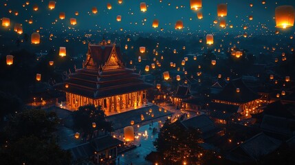 Fototapeta premium serene temple illuminated by floating lanterns, symbolizing spir