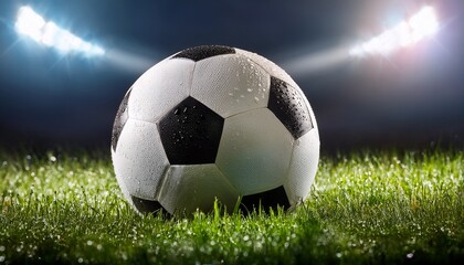 Fototapeta premium Detailed close-up of a soccer ball resting on wet grass, with raindrops beautifully reflecting the bright stadium lights. Captures the anticipation of the game