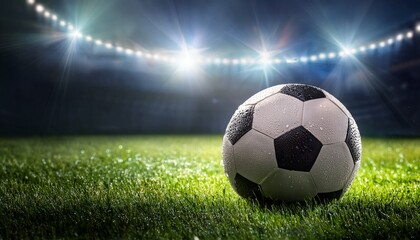 Fototapeta premium Detailed close-up of a soccer ball resting on wet grass, with raindrops beautifully reflecting the bright stadium lights. Captures the anticipation of the game