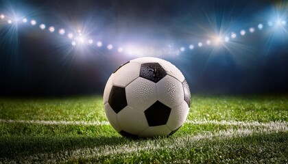 Fototapeta premium Detailed close-up of a soccer ball resting on wet grass, with raindrops beautifully reflecting the bright stadium lights. Captures the anticipation of the game