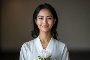 Smiling woman holds lotus flower, embodying peace and spirituali