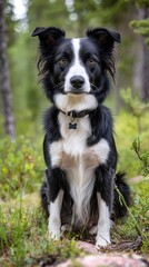 Fototapeta premium Black and White Border Collie Sitting in Lush Green Forest Setting
