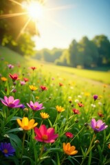 Fototapeta premium Sun-drenched meadow, vibrant wildflowers bloom , serene, field