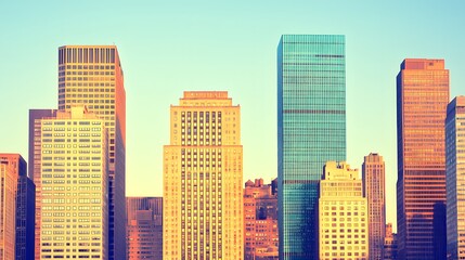 Fototapeta premium Skyscrapers illuminated by sunlight in a city against a clear blue sky