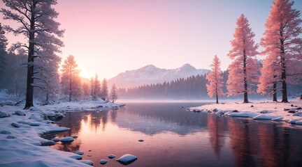 sunrise in the snowy mountains. ai generated