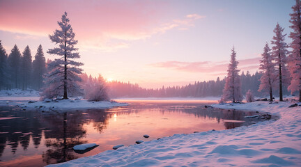 sunrise in the snowy mountains. ai generated