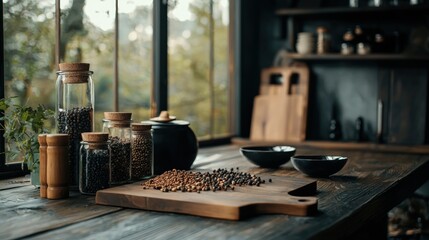 Wooden table in a kitchen with a large window in the background. on the table, there are several glass jars with cork stoppers, a wooden cutting board, and a black bowl.