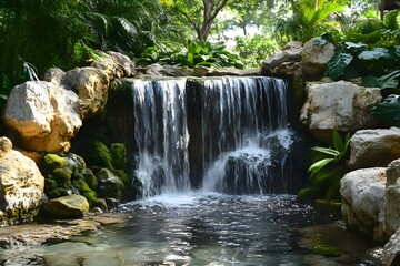 Waterfall flowing through moss-covered rock crevices with lush greenery and crystal-clear blue water, ideal for nature magazine features and environmental advertising campaigns.
