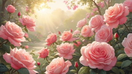 Enchanting Rose Garden, A Watercolor Dreamscape in Soft Pastel Hues