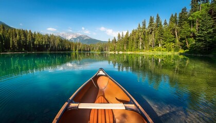 Fototapeta premium A serene canoe gliding across a crystal-clear lake, surrounded by lush pine forests. The peaceful scene captures the essence of a calm, tranquil summer getaway, perfect for relaxation and nature lover