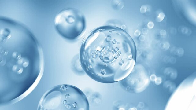 Close-up of bubble particles floating in the air. The blue bubbles contain many small bubbles inside. 3D cosmetic serum animation, advertising background. Bubble particles move closer to the camera