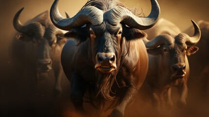 Naklejka premium A herd of African buffalo charge, kicking up dust in the dry savannah landscape