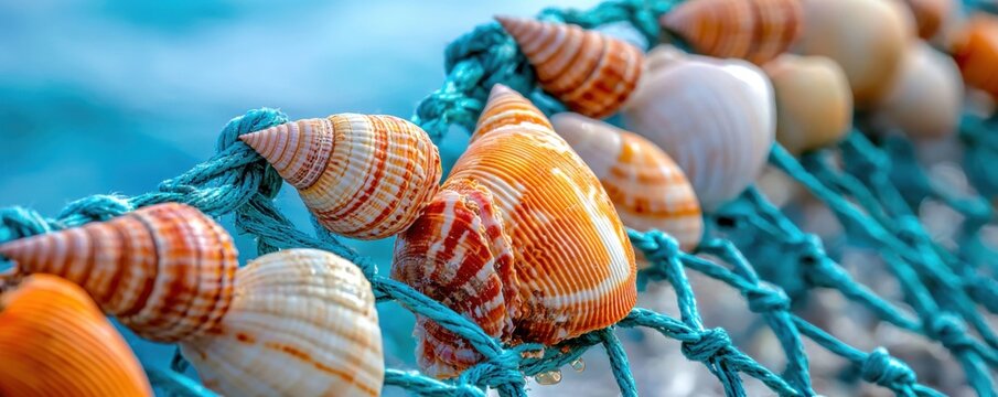 Discover coastal charm with Seashells resting on a fishing net by the shore, evoking coastal traditions, a visual story of maritime heritage Capture the essence of seaside life, artistic arrangement