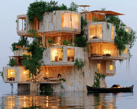 Discover a surreal art illustration showcasing a breathtaking floating island, masterfully crafted from recycled materials Explore the captivating world where environmental sustainability meets