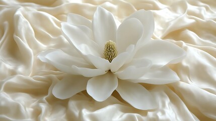 A Delicate White Magnolia Flower Resting on Silky White Fabric