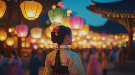 Obraz premium Lotus Lantern Festival, thousands of colorful paper lanterns hanging in the night sky, each lantern glowing softly creating beautiful light patterns, Ai generated images