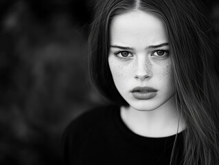 Fototapeta premium Emotional black and white close-up of a woman in an urban setting biting her lip
