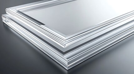 A stack of rectangular transparent glass panes on a reflective surface