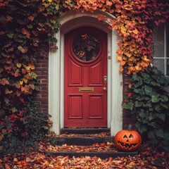 Naklejka premium Red door, autumn leaves, carved pumpkin