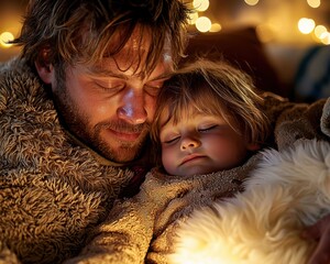 Capture the heartwarming essence of fatherhood with this touching image depicting a father carrying a sleepy child to bed Witness the serene beauty of a quiet home, where love and tenderness flourish