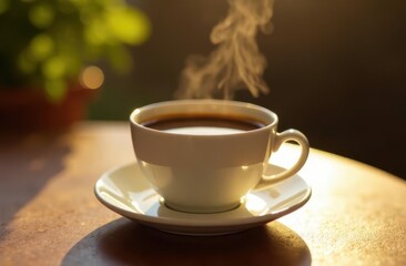 Steam rises from a fresh cup of coffee during a serene morning