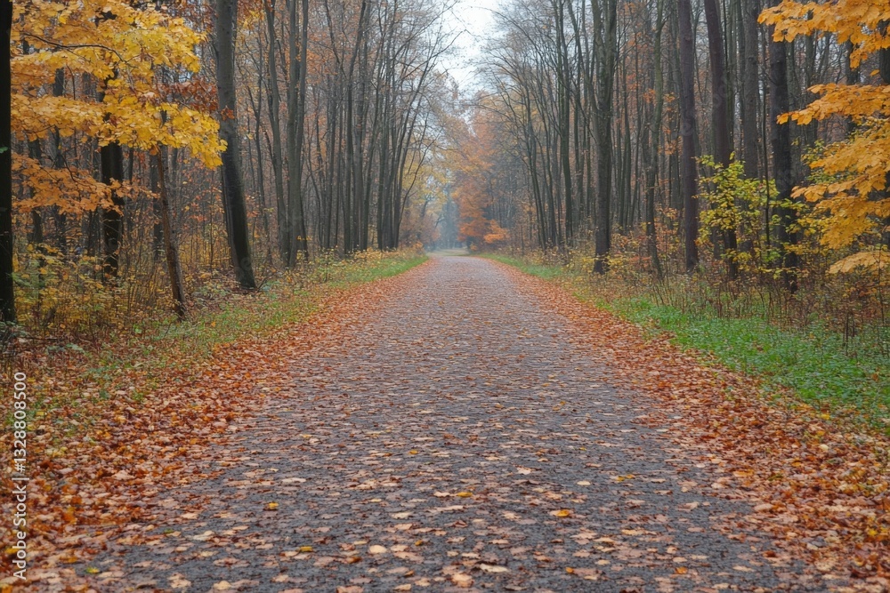 Aufkleber scenic autumn pathway lined with colorful foliage in a tranquil forest during a misty day