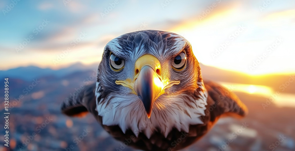 Poster an eagle glides gracefully through a vibrant sky, its sharp gaze aimed at hunting prey below. the go