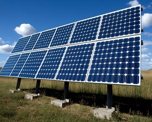 A Large Solar Panel Array Generating Power Outdoors On Sunny Day
