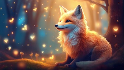 Adorable fluffy fox with messy fur sitting peacefully in an enchanted forest, surrounded by softly glowing fireflies. Whimsical and magical, perfect for nature and fantasy themes
