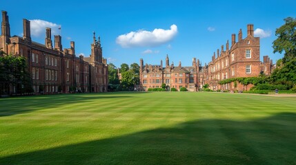 Beautiful Historic Hall with Lush Green Lawn Under Blue Sky