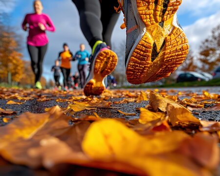 Capture the essence of a vibrant and energetic jogging group making playful hand gestures while running, enjoying the moment, and embracing the joy of fitness together, captured in this lively