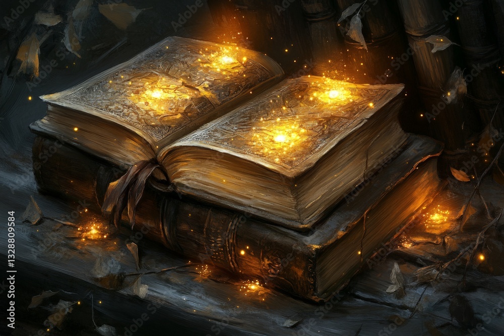Poster mystical glowing book resting on a wooden surface surrounded by ethereal particles at twilight